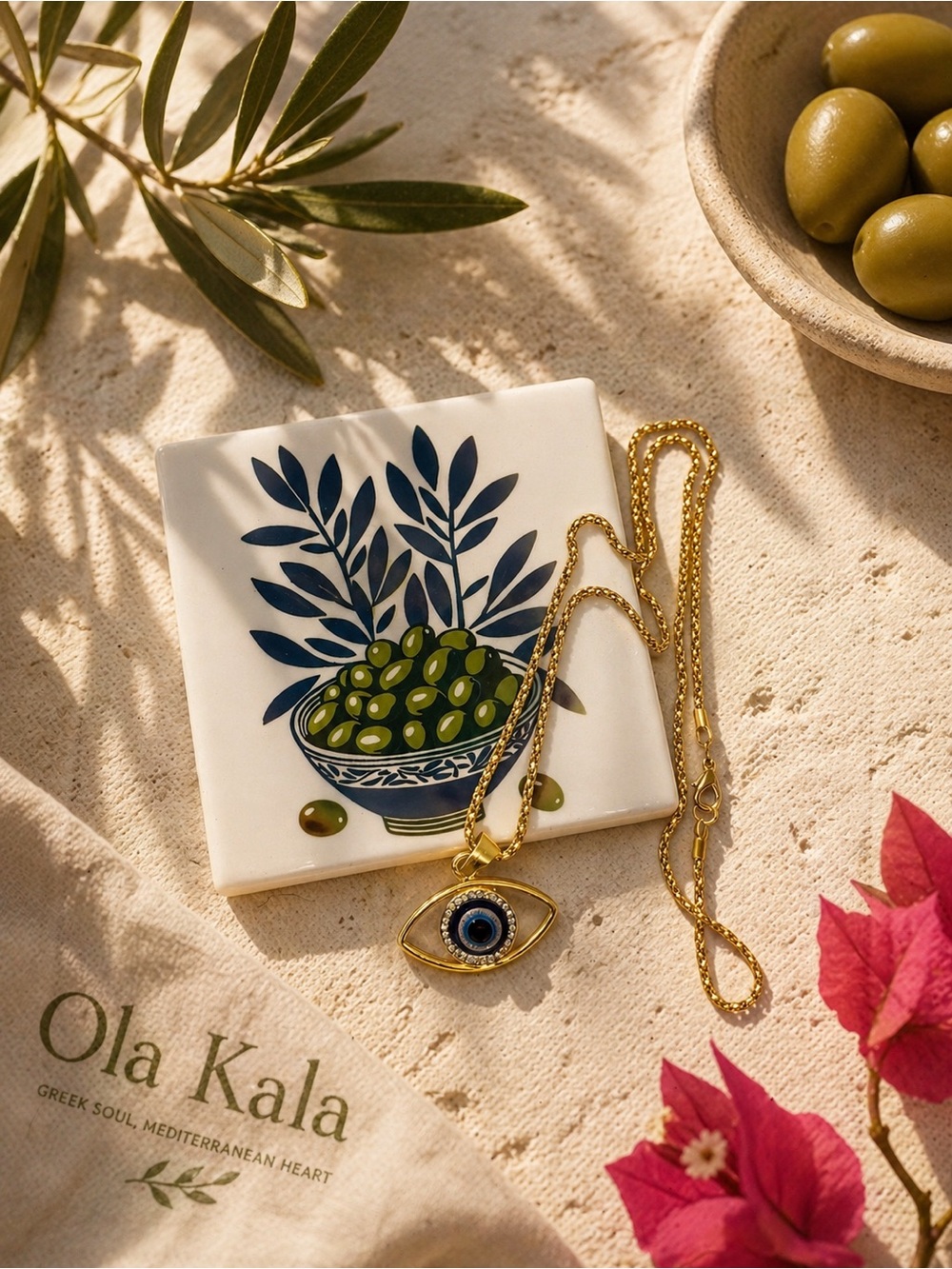 Gold Eye Pendant Necklace with Blue Evil Eye Accent